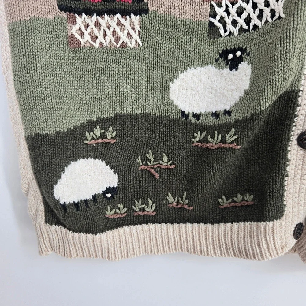 Vtg 90s Cottagecore Farm Sheep Cardigan Sweater Womens M Fall Autumn Rustic